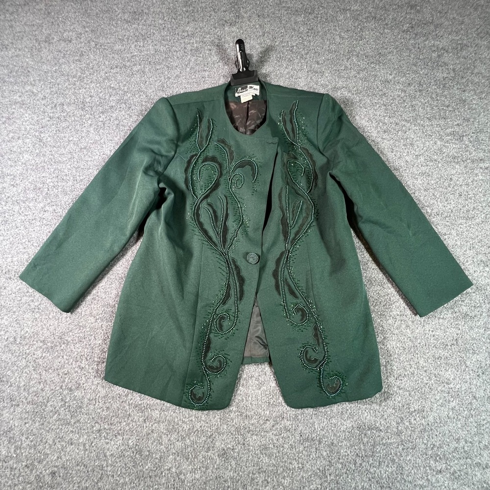 Ben Marc International Blazer Jacket Womens 20 Dark Green Velvet Beaded Button